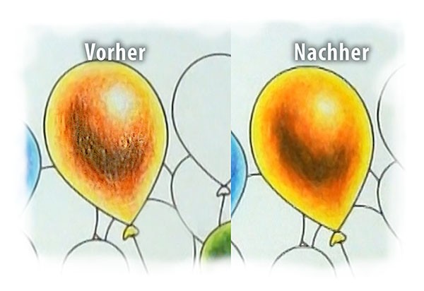 Farben verblenden: Vorher / Nachher Bild von einem ausgemalten Luftbalon